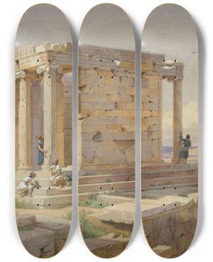 Triptych art skateboard deck of Carl Friedrich Heinrich Werner The Temple Of Athena Nike View From The Northeast by Carl Friedrich Heinrich Werner (1808-1894)