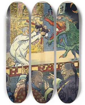 Triptych art skateboard deck of Frank Arthur Nankivell Like A Chinese Play It Goes On Forever by Frank Arthur Nankivell (1869-1959)