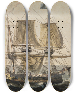 Triptych art skateboard deck of Pavel Petrovich Svinin Replenishing The Ships Larder With Codfish Off The Newfoundland Coast by Pavel Petrovich Svinin (1787-1839)