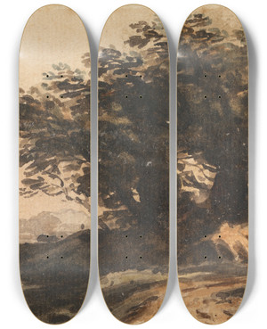 Triptych art skateboard deck of John Varley Landscape With A Clump Of Trees Near A Road And A Stream by John Varley (1778-1842)