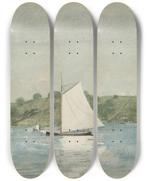 Triptych art skateboard deck of Winslow Homer Sailing Calm Water by Winslow Homer (1836-1910)