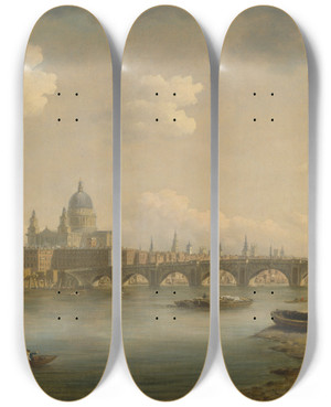 Triptych art skateboard deck of William Marlow St Pauls And Blackfriars Bridge by William Marlow (1740-1813)