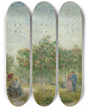 Triptych art skateboard deck of Vincent Van Gogh Garden In Montmarte With Lovers by Vincent van Gogh (1853-1890)