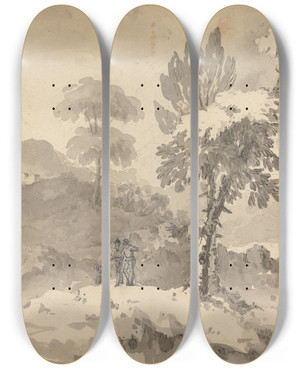Triptych art skateboard deck of William Gilpin Three Figures In A Landscape by William Gilpin (1724-1804)