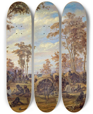 Triptych art skateboard deck of Alexander Schramm Adelaide A Tribe Of Natives On The Banks Of The River Torrens by Alexander Schramm (1813-1864)