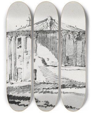 Triptych art skateboard deck of Josephmarie Vien The Round Temple On The Piazza Bocca Della Veritrome by Joseph Marie Vien (1716-1809)