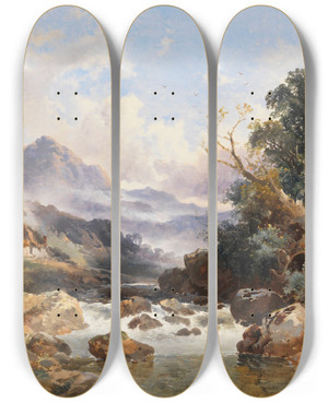 Triptych art skateboard deck of Joseph Horlor Walisische Berglandschaft by Joseph Horlor (1809-1887)