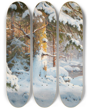 Triptych art skateboard deck of Walter Moras Winter Im Wald by Walter Moras (1856-1925)