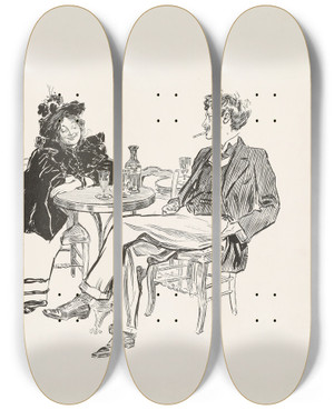 Triptych art skateboard deck of Charles Dana Gibson In Paris A Cafe Artist by Charles Dana Gibson (1867-1944)