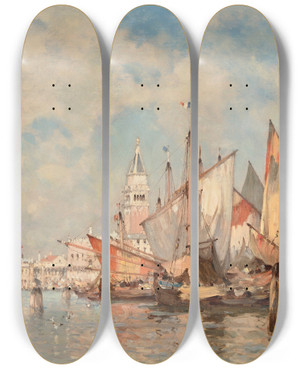 Triptych art skateboard deck of Amde Rosier Boats In Front Of St Marks Square St Maria Della Salute Beyond by Amedee Rosier (1841-1898)