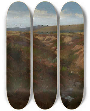 Triptych art skateboard deck of Eugen Bracht Heide Im Soonwald by Eugen Bracht (1842-1921)