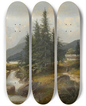 Triptych art skateboard deck of Josef Burgaritzky Bachlandschaft by Josef Burgaritzky (1836-1890)