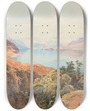 Triptych art skateboard deck of Nicholas Chevalier Mt Mcintosh Lake Wakatipu Otago by Nicholas Chevalier (1828-1902)