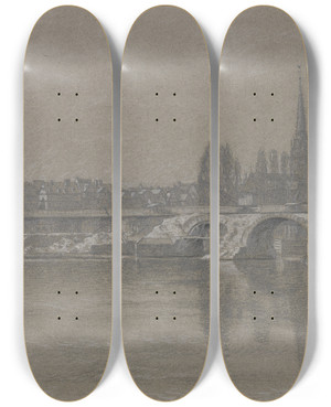 Triptych art skateboard deck of Andreas Bernhard Shngen Reste Der 1914 Abgerissenen Alten Brcke In Frankfurt Am Main by Andreas Bernhard Sohngen (1846-1920)