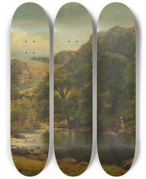 Triptych art skateboard deck of Benjamin Williams Leader A Tranquil Spot by Benjamin Williams Leader (1831-1923)