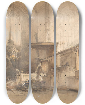 Triptych art skateboard deck of Johannes Bosboom Interieur Van De Kerk Te Oosthuizen by Johannes Bosboom (1817-1891)