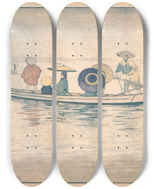Triptych art skateboard deck of Kobayashi Kiyochika Spring Rain By The Kawa River Bridge The Ferry Near The Stables by Kobayashi Kiyochika (1847-1915)