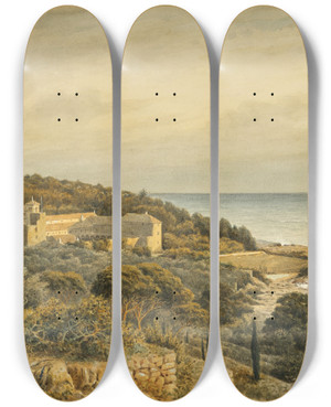 Triptych art skateboard deck of Anton Perko Lacroma In Dalmatien by Anton Perko (1833-1905)