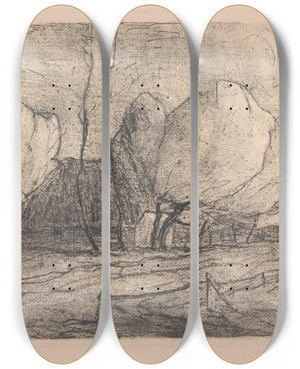 Triptych art skateboard deck of Frans Hens Landscape With A Farm_2 by Frans Hens (1856-1928)