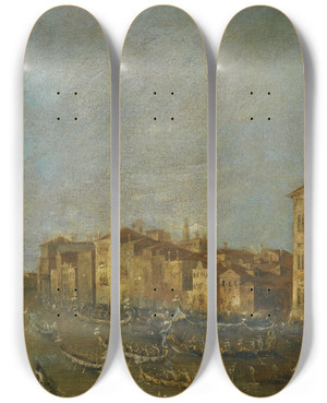 Triptych art skateboard deck of Francesco Guardi Venice A Festival On The Grand Canal Near Santa Maria Della Salute by Francesco Guardi (1712-1793)