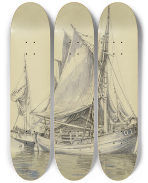 Triptych art skateboard deck of Friedrich Ernst Morgenstern Fishing Boats Near Ostend by Friedrich Ernst Morgenstern (1853-1919)