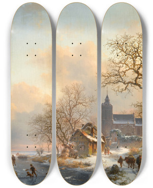 Triptych art skateboard deck of Frederik Marinus Kruseman A Winter Landscape With Skaters On A Frozen River by Frederik Marinus Kruseman (1816-1882)