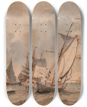 Triptych art skateboard deck of Ludolf Bakhuysen A States Yacht And Other Shipping Off The Dutch Coast by Ludolf Backhuysen (1630-1708)