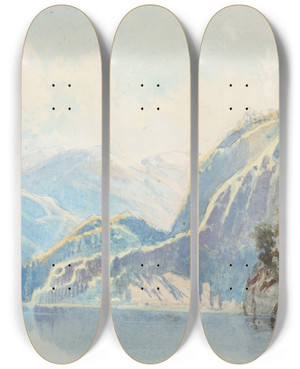 Triptych art skateboard deck of Nicholas Chevalier Lake Wakatipu by Nicholas Chevalier (1828-1902)
