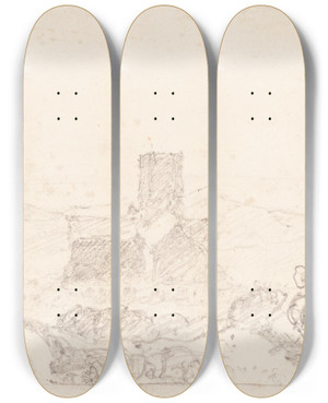 Triptych art skateboard deck of John Sell Cotman Landscape With Church by John Sell Cotman (1782-1842)