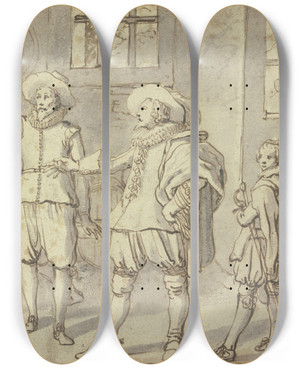 Triptych art skateboard deck of Frans Francken The Elder Ein Kavalier Gefolgt Von Seinem Pagen Der Seinen Degen Trgt Lsst In Einem Keller Wein Probieren by Frans Francken The Elder (1581-1642)