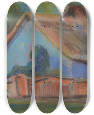 Triptych art skateboard deck of Zolo Palugyay Blue Village Cottage by Zolo Palugyay (1898-1935)