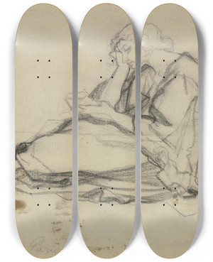 Triptych art skateboard deck of Victor Mller Junges Mdchen Mit Einem Buch Am Boden Sitzend Den Kopf In Die Rechte Gesttzt by Victor Muller (1829-1871)