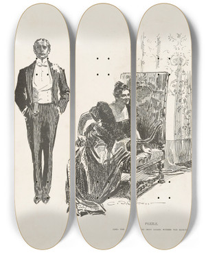 Triptych art skateboard deck of Charles Dana Gibson Puzzle Find The Girl Who Has Been Kissed Within Ten Minutes_1 by Charles Dana Gibson (1867-1944)