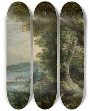Triptych art skateboard deck of Follower Of Jan Brueghel The Elder Imaginary Landscape by Follower Of Jan Brueghel The Elder (1568-1625)
