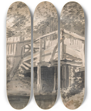 Triptych art skateboard deck of Paul Sandby Stream And Wooden Bridge by Paul Sandby (1731-1809)
