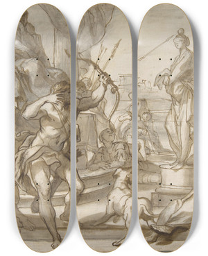 Triptych art skateboard deck of Domenico Piola Male Figure With A Bow And Arrow Shooting At A Statue Of A Woman With A Ball On Her Head by Domenico Piola (1627-1703)