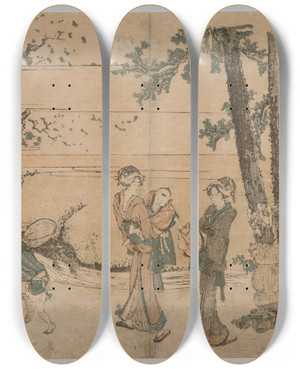 Triptych art skateboard deck of Katsushika Hokusai Group Of Figures Near A Brook by Katsushika Hokusai (1760-1849)