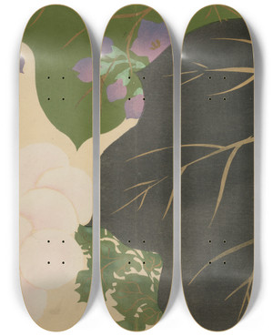 Triptych art skateboard deck of Kamisaka Sekka Chrysanthemum And Paulownia Kikukiri by Kamisaka Sekka (1866-1942)