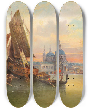 Triptych art skateboard deck of Karl Kaufmann Venetian Scene_2 by Karl Kaufmann (1843-1905)