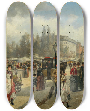 Triptych art skateboard deck of Franz Von Persoglia A View Of Naschmarkt In Vienna_1 by Franz Von Persoglia (1852-1912)