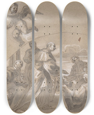 Triptych art skateboard deck of Melchior Steidl Saint Carl Borromus by Melchior Steidl (1657-1727)