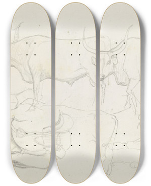 Triptych art skateboard deck of August Lucas Horses And Cattle by August Lucas (1803-1863)