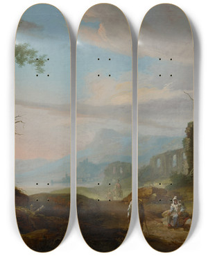 Triptych art skateboard deck of Caspar Wolf Landscape With Ruins by Caspar Wolf (1735-1783)