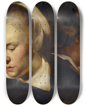 Triptych art skateboard deck of Jacob Jordaens Study Of Heads by Jacob Jordaens (1593-1678)