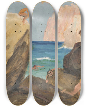 Triptych art skateboard deck of Ernst Schiess Pursuit At A Rocky Coastal Line by Ernst Schiess (1872-1919)