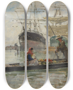 Triptych art skateboard deck of Carl Sknberg Fruit Barge In Venice Sketch by Carl Skanberg (1850-1883)