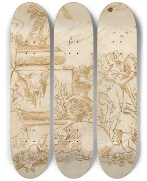 Triptych art skateboard deck of Lorenzo Baldissera Tiepolo Figures In Antique Dress Grouped About A Pagan Tomb by Lorenzo Baldissera Tiepolo (1736-1776)