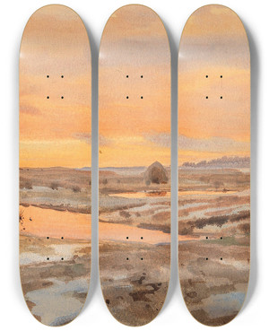 Triptych art skateboard deck of Albert Nikolaevich Benois Sunset On The Gulf Of Finland by Albert Nikolaevich Benois (1852-1936)