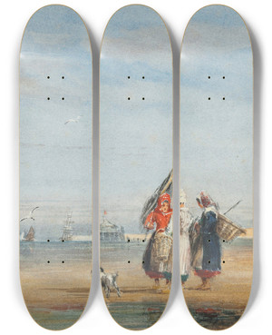 Triptych art skateboard deck of David Cox Calais Beach With Shrimpers And A Dog by David Cox (1783-1859)