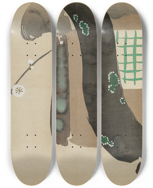 Triptych art skateboard deck of Kamisaka Sekka Plum By The Eaves Nokiba No Ume by Kamisaka Sekka (1866-1942)